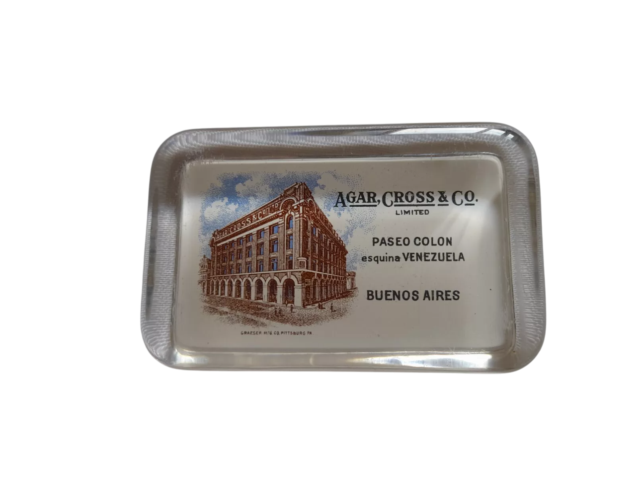 Pisapapeles de vidrio con publicidad de Agar, Cross & co.
