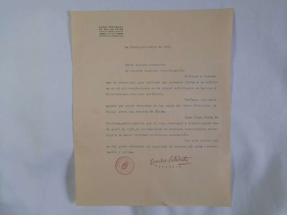 Carta del Museo de Bellas Artes firmada por Emilio Pettoruti