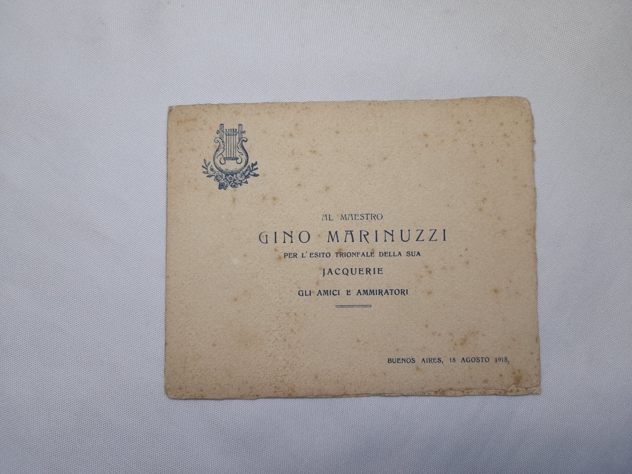 Menu en homenaje a Gino Marinuzzi, 1918, firmado