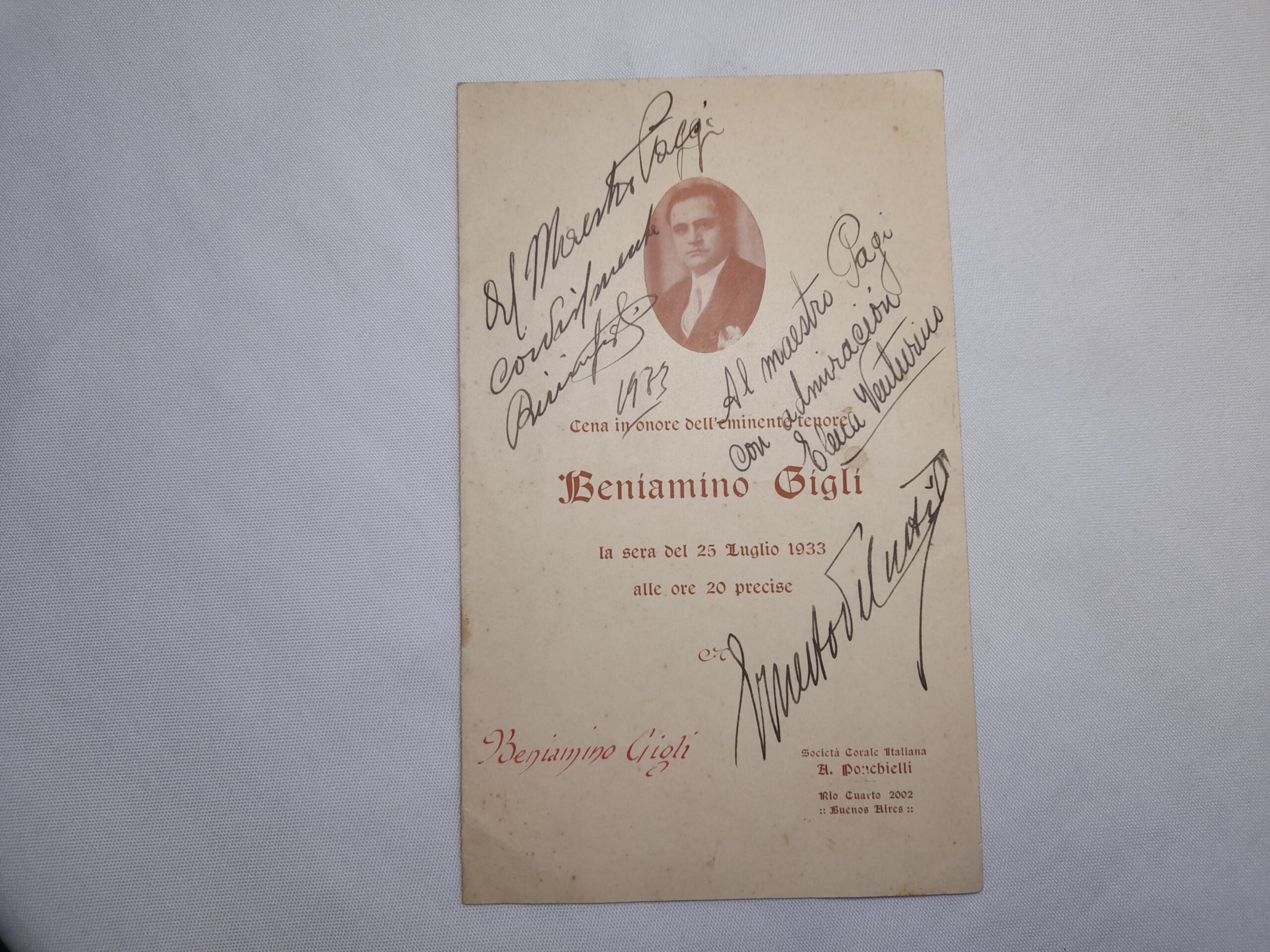 Menu homenaje a Beniamino Gigli, 1933, firmado