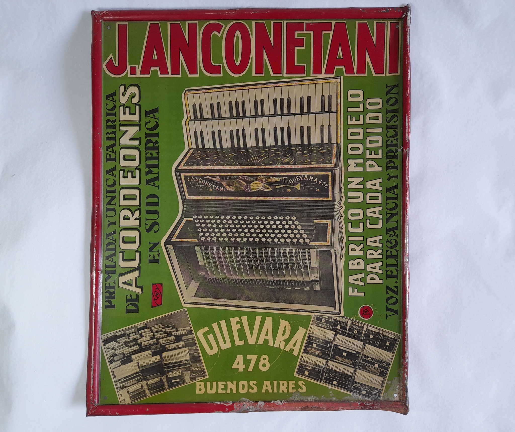 Cartel de chapa litografiada publicidad de Acordeones J. Anconetani.