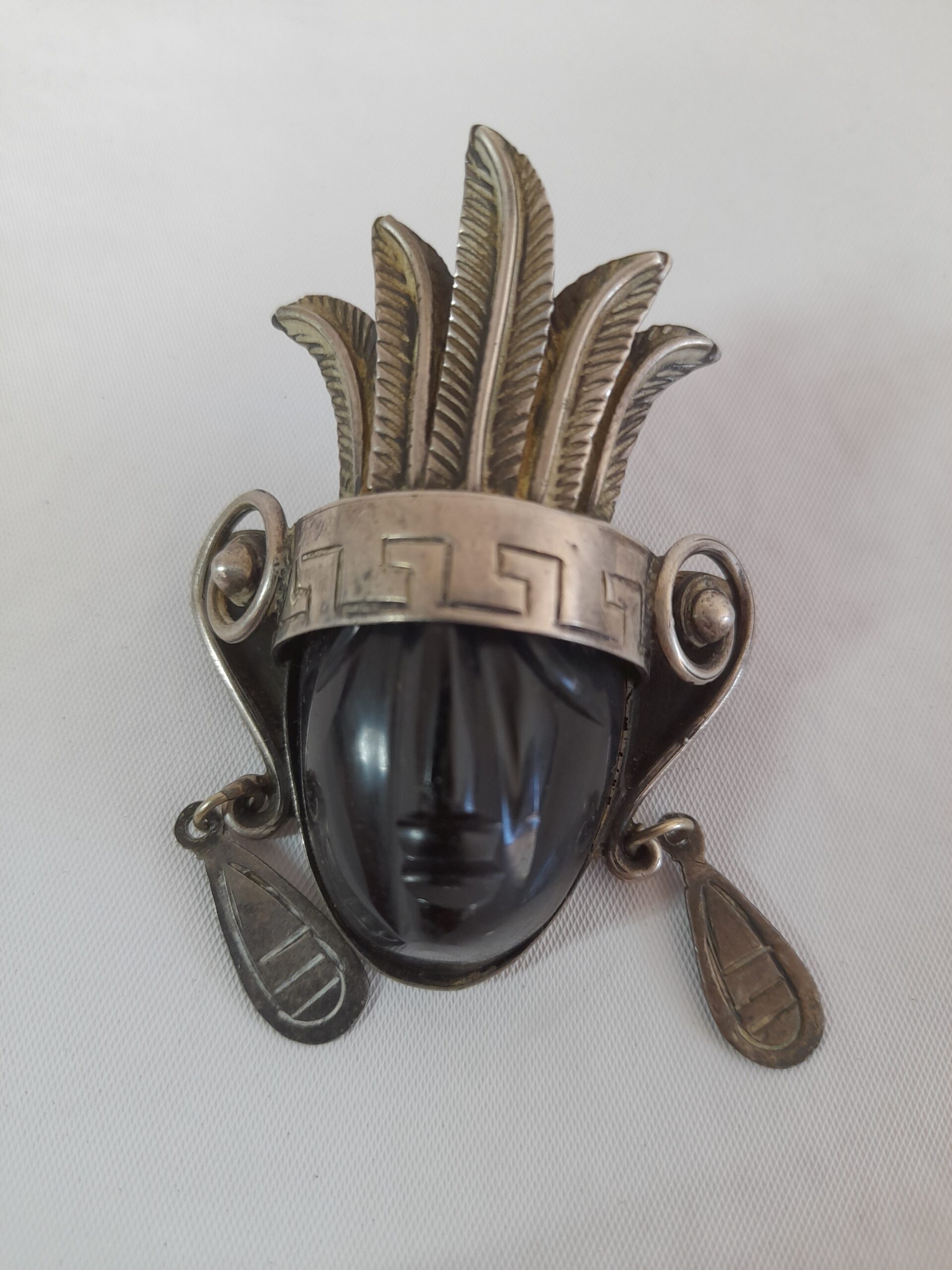 Prendedor Colgante Rostro Guerrero Azteca Onix Plata