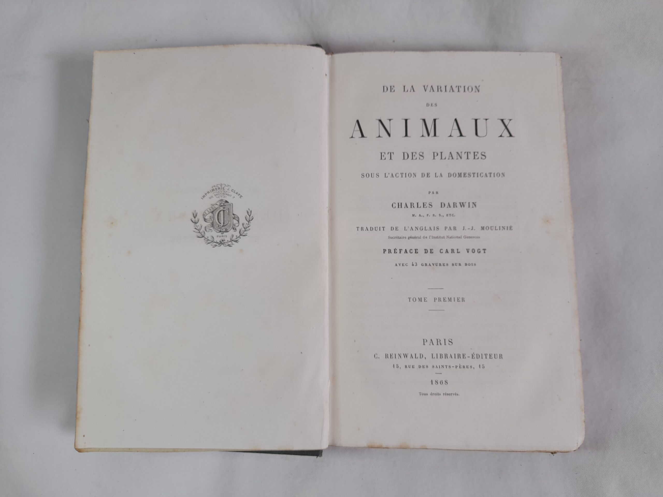 De la variation des Animaux et des plantes, 2 tomos. Charles Darwin